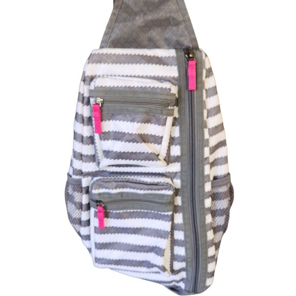 Thirty One Sling Bag  Adjustable Backpack Gray & White Stripe Pink Lining - Picture 4 of 13